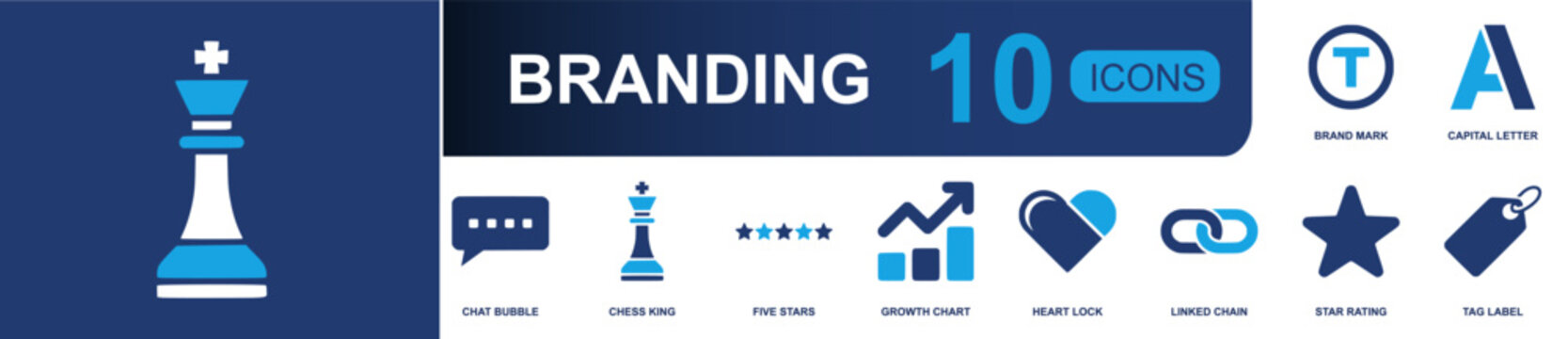 Branding icon set. Containing brand mark, capital letter, chat bubble, chess king, five stars, growth chart, heart lock, linked chain, tag label and more. Clean solid fill vector icons.