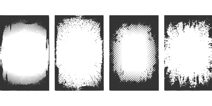 Black and white distressed grunge border frames with halftone dots and rough edge textures vector illustration.
