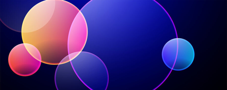Abstract glowing neon glass spheres on a dark blue background