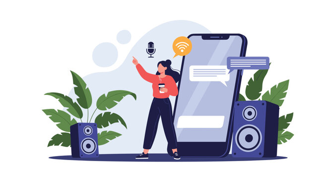 Young woman recording podcast or voice message using smartphone app with professional sound equipment and coffee break.