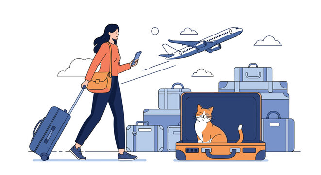 Young woman traveler walking with luggage and smartphone while cat sits inside open suitcase at airport departure area.