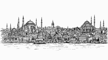 Fototapeta premium A detailed black and white sketch of the Istanbul skyline, showcasing iconic historical buildings and minarets along the waterfront.