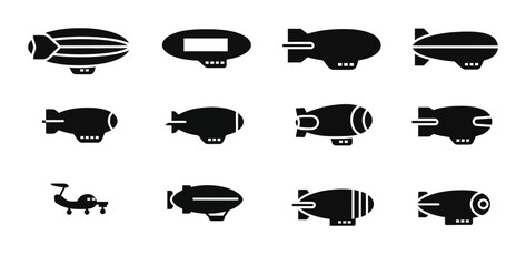 Airship and Blimp Icons Set: Vintage Zeppelins, Modern Dirigibles, and Aerostats for Aviation and Transport Graphics © Sathi