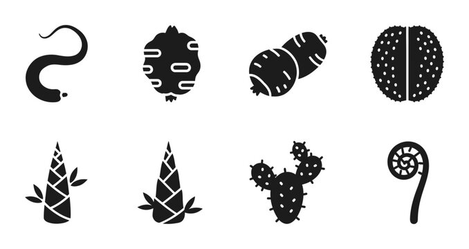 Set of 8 Black and White Vector Icons: Snake, Root Vegetables, Bamboo Shoots, Cactus, Fern Frond, Brain Coral, and Yam