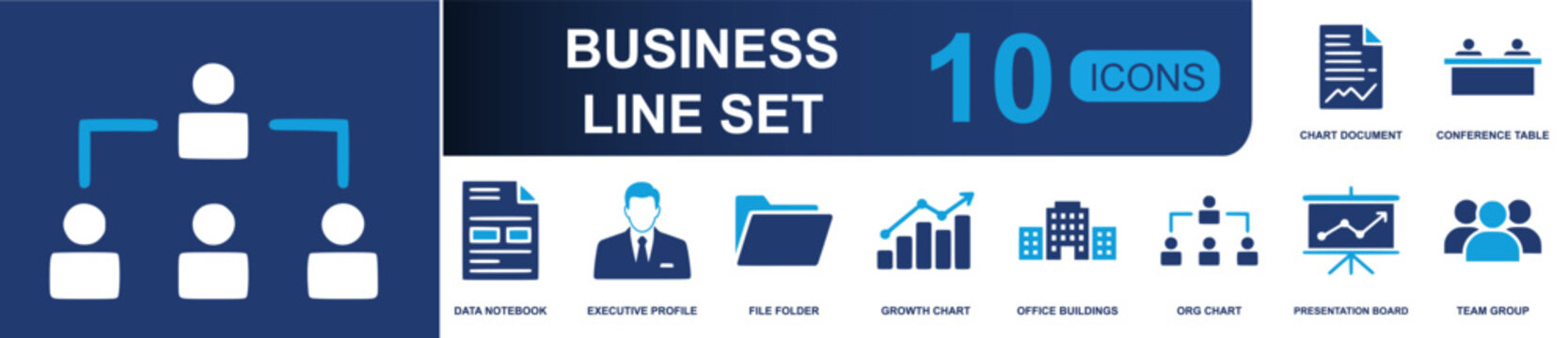 Business icon set. Containing chart document, conference table, data notebook, executive profile, file folder, growth chart, office buildings, org chart and more. Solid fill vector icons.