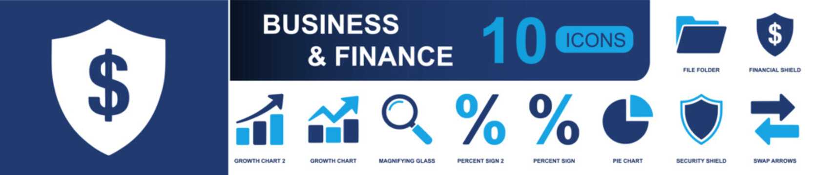 Business and finance icon set. Containing file folder, financial shield, growth chart, search lens, percent sign, pie chart, security shield, swap arrows and more. Solid fill vector icons.