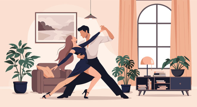 Elegant couple performs a graceful ballroom dance together in a beautifully decorated and cozy home living room setting.