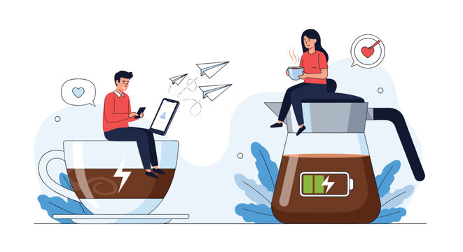 Creative concept of people sitting on giant coffee cups and pots to recharge their energy levels with refreshing caffeine boosts.