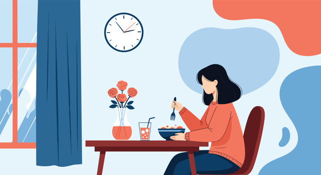 Lonely young woman sits at a dining table eating a healthy meal while looking out the window in a quiet and modern apartment.
