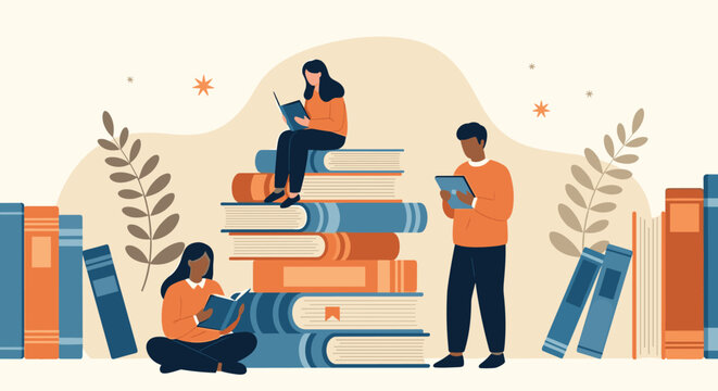Group of students and avid readers sit on giant stacks of books while immersed in their personal reading and digital learning.