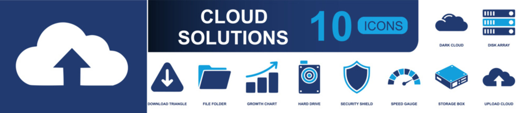 Cloud solutions icon set. Containing dark cloud, disk array, download, file folder, growth chart, hard drive, security shield, speed gauge, storage box and more. Solid fill vector icons.