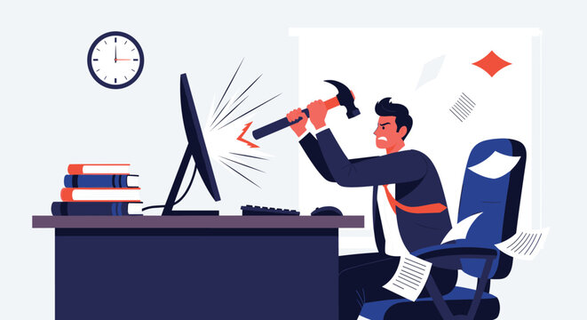 Stressed office worker in a suit loses his temper and prepares to smash a computer monitor with a heavy hammer at his desk.