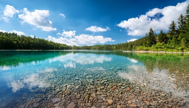 serene lake with crystal clear shallow water revealing colorful pebbles on the bottom reflecting a bright blue sky with fluffy white clouds and a dense green forest