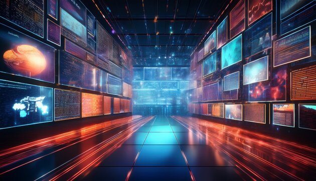 constant news flow abstract media wall reflects digital connection and modern information overload