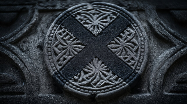 pantheism. A pristine emblem crossed out with a harsh black X on a textured wall. event programs, museum guides, designed for cultural heritage projects and event programs, preserves heritage.