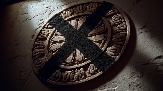 pantheism. A pristine emblem crossed out with a harsh black X on a textured wall. event programs, museum guides, designed for cultural heritage projects and event programs, preserves heritage.pantheis