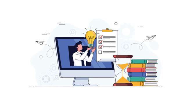Conceptual workspace showing an online instructor holding a lightbulb next to an hourglass and a stack of colorful books.