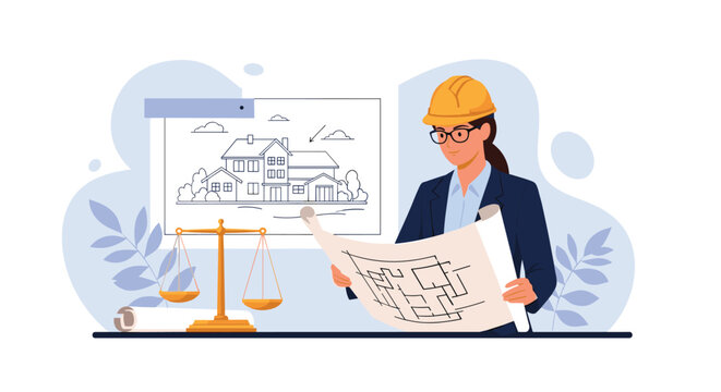 Professional female architect in a yellow hard hat reviewing detailed architectural plans and house models at her workspace.