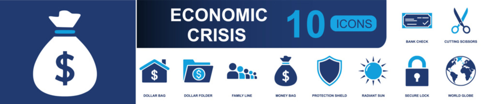 Economic crisis icon set. Containing bank check, cutting scissors, dollar bag, dollar folder, family line, money bag, shield, radiant sun, secure lock and more. Solid fill vector icons.