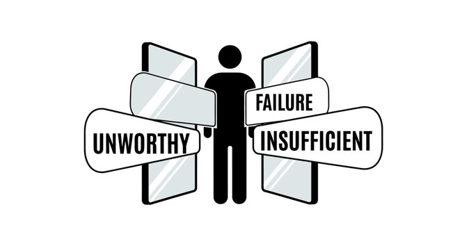 Silhouette of a person surrounded by mirrors reflecting words like Unworthy, Failure, and Insufficient, symbolizing self-doubt and low self-esteem.