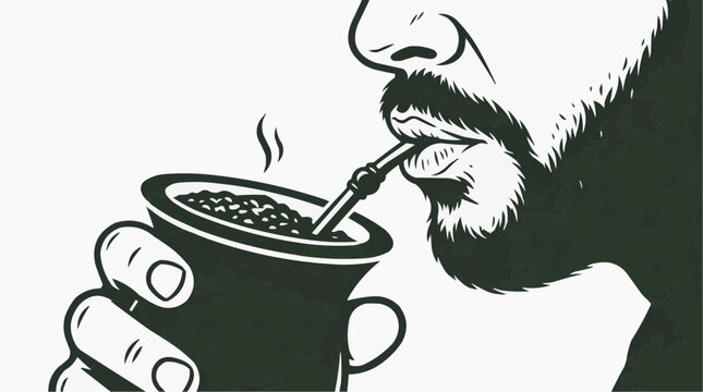 Man drinking chimarr&atilde;o tea from a gourd with a bombilla straw close up illustration