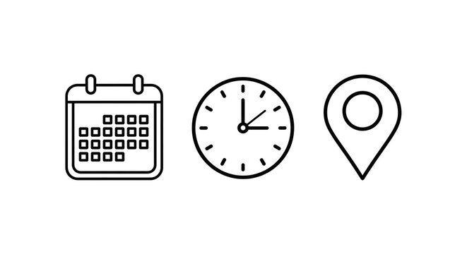 Minimalist flat design icons representing office event planning scheduling time management location tracking catering services logistics coordination meeting preparation