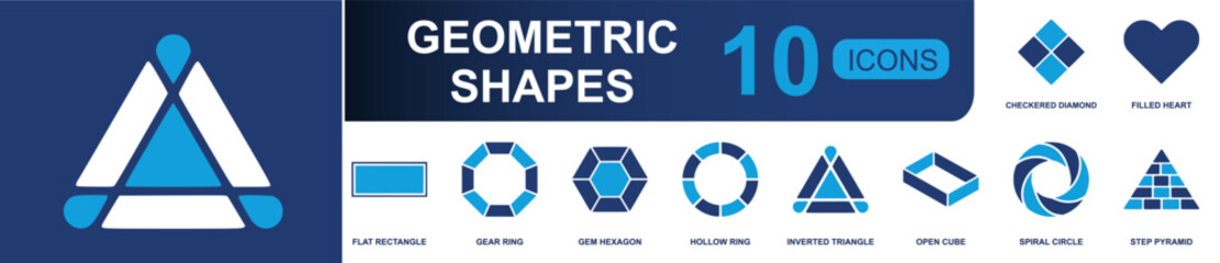 Geometric shapes icon set. Containing checkered diamond, filled heart, rectangle, gear ring, gem hexagon, hollow ring, triangle, open cube, spiral circle and more. Solid fill vector icons. © Mellisa