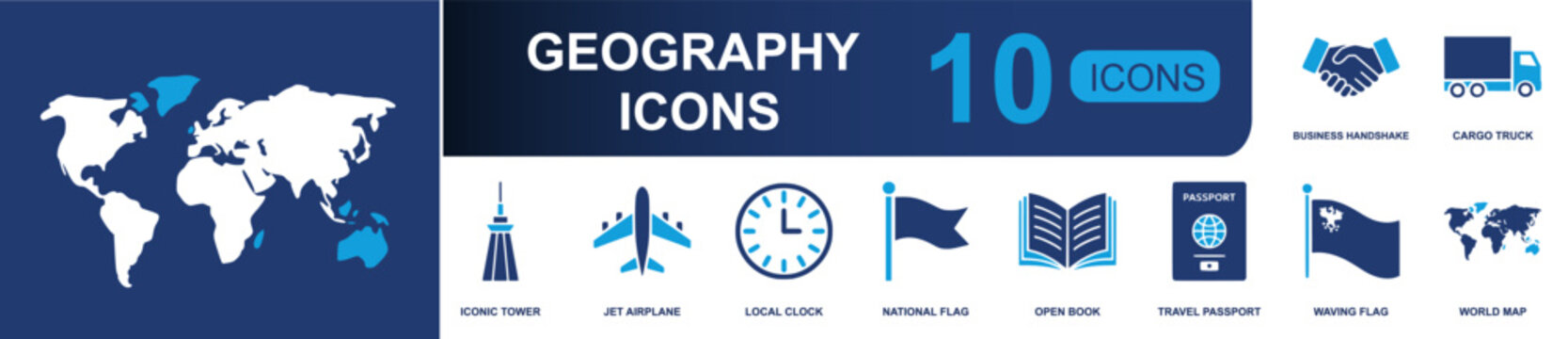 Geography icon set. Containing handshake, cargo truck, iconic tower, jet airplane, local clock, national flag, open book, travel passport, world map and more. Solid fill vector icons.