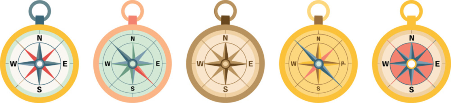 Collection of colorful vintage compass icons featuring intricate nautical star designs in gold silver and bronze metal frames for navigation travel 