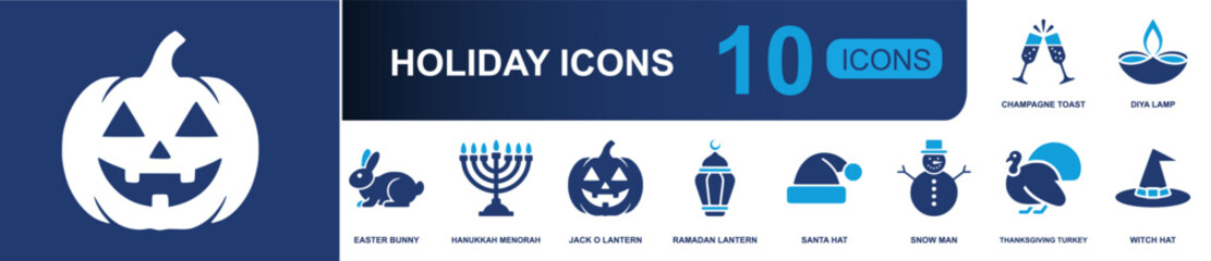Holiday icon set. Containing champagne toast, diya lamp, Easter bunny, Hanukkah menorah, jack o lantern, Ramadan lantern, Santa hat, snowman, turkey and more. Solid fill vector icons. © Mellisa