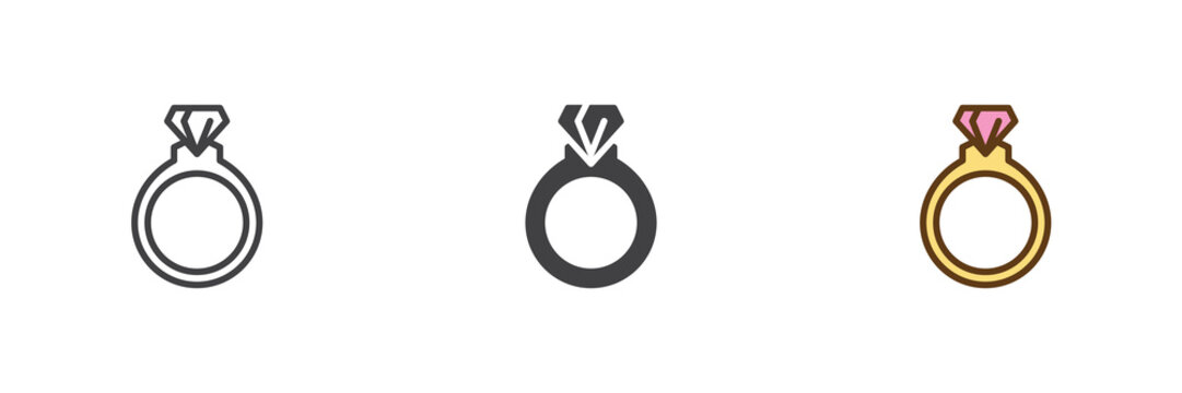 Diamond ring icon set in line, solid and filled outline colorful style. Engagement ring icon vector sign, symbol and jewelry wedding illustration.
