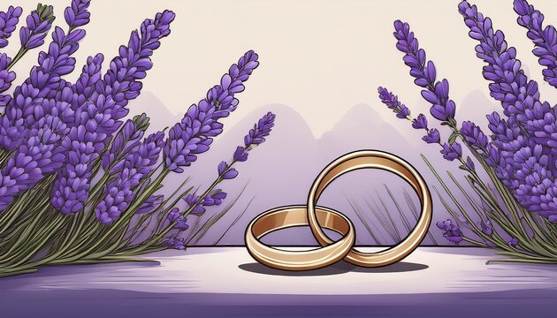wedding rings with lavender flowers background wedding bands banner website header wedding invitation generative ai
