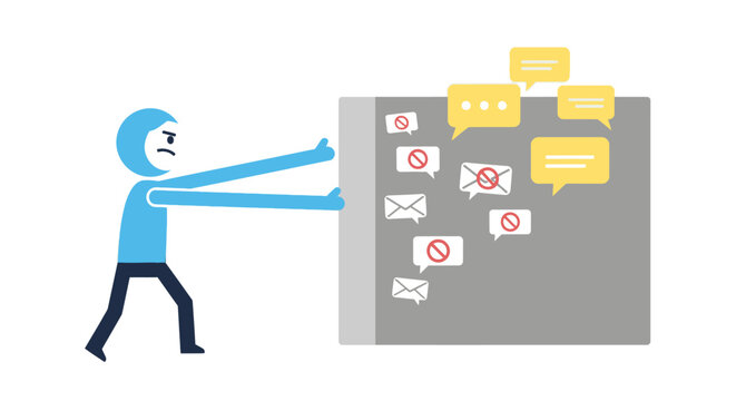 Angry cartoon character pushing against a wall, blocking unwanted spam emails, messages, and excessive notifications. Concept of digital detox and information overload.