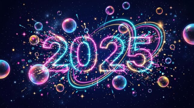 Bright, colorful, and dynamic digital artwork displays the number 2025 surrounded by glowing bubbles and sparkling trails.