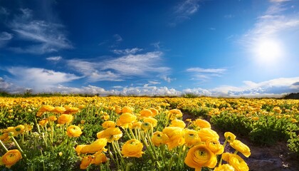 Obraz premium yellow ranunculus flowers with blue sky backdrop