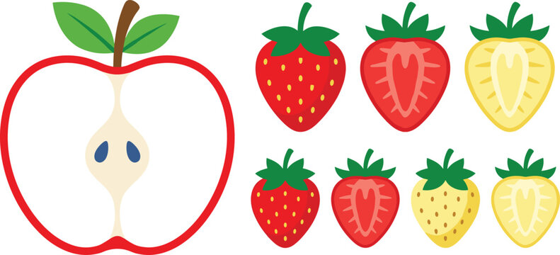 Fresh Fruit Vector Set with Sliced Red Apple and Assorted Whole and Half Strawberries in Red and Yellow for Healthy Eating and Nutrition Designs