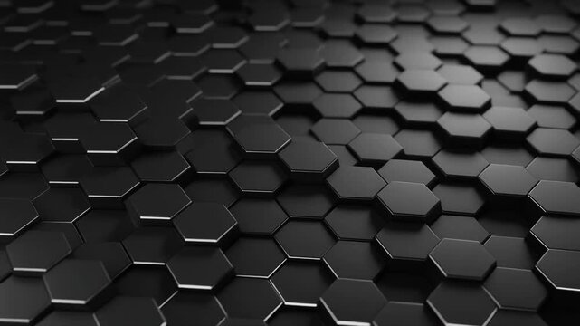 モダンなテック系背景。黒いヘキサゴンが規則的に動く、抽象的でクールな3Dグリッドデザイン動画