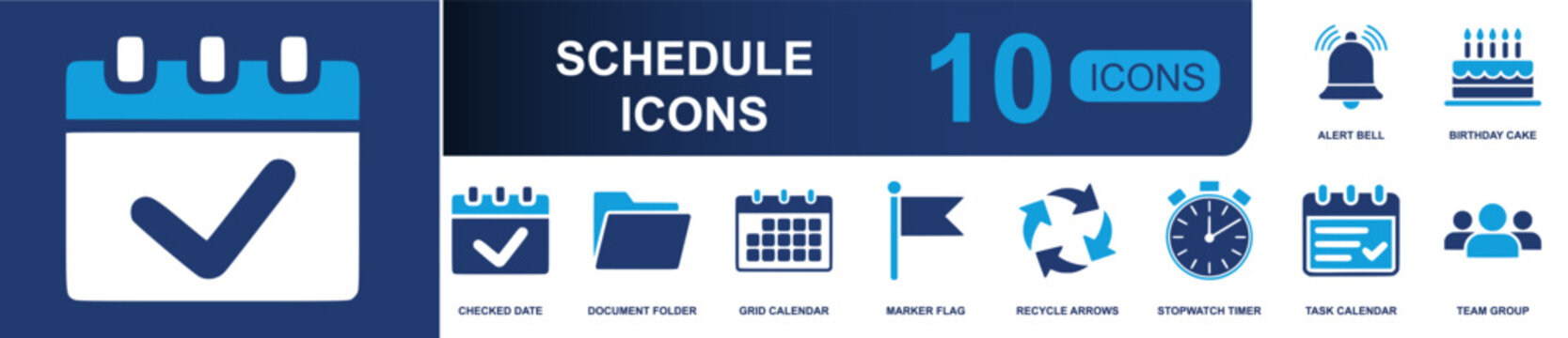 Schedule icon set. Containing alert bell, birthday cake, checked date, folder, grid calendar, marker flag, recycle arrows, stopwatch, task calendar and more. Solid fill vector icons.