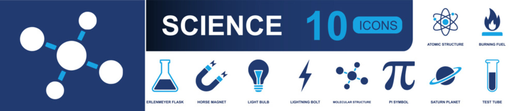 Science and math icon set containing atom, burning fuel, flask, magnet, light bulb, lightning bolt, molecule, pi symbol, Saturn planet and more in modern solid fill vector icon style.