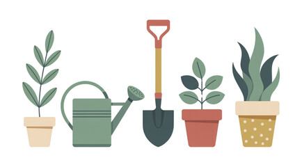 Gardening tools and plants watering set with green watering can and small shovel Vector © MSTJOMILA