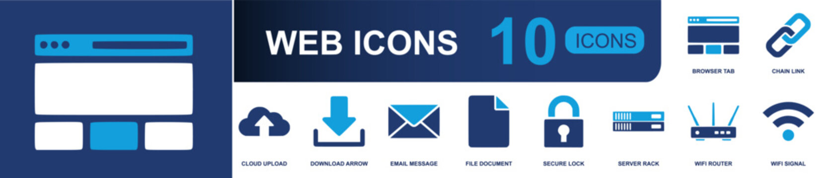 Web icon set. Containing browser tab, chain link, cloud upload, download arrow, email message, file document, secure lock, server rack, wifi router and more. Solid fill vector icons.