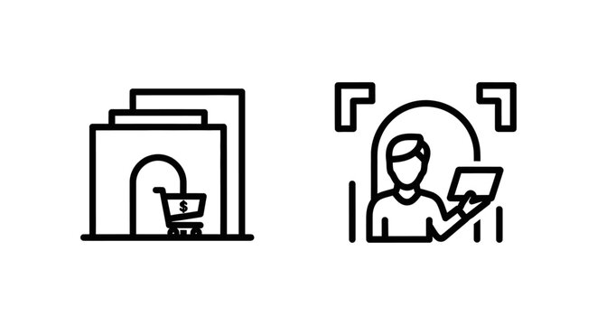 Linear icons depicting vendor portal system and digital portal vendor user management interface with business ecommerce management interface shopping software platform technology database