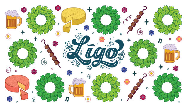Ligo Midsummer Festival Celebration Poster with Oak Leaf Wreaths, Traditional Cheese, Beer, Shashlik and Wildflowers, Baltic Summer Solstice Folk Art Pattern Background Design for Greeting Cards