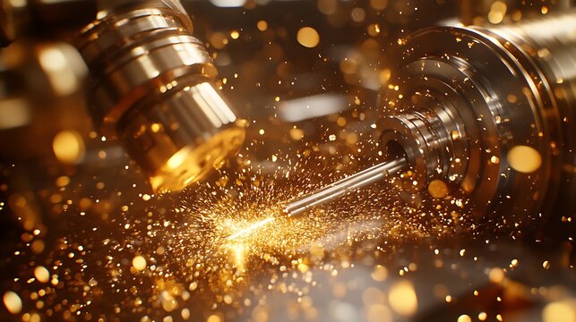 CNC Milling Machine Cutting Metal with Bright Gold Sparks in Industrial Workshop.