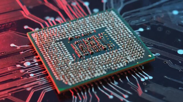 Close up of a modern CPU processor on a motherboard with intricate gold pins for computer engineering, tech concept