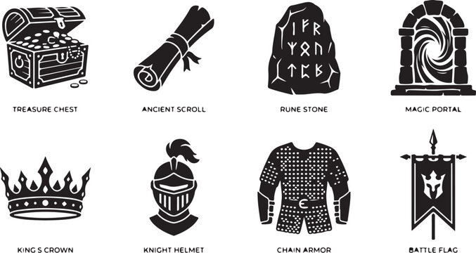 Vintage fantasy icons, medieval symbols, 8 black and white vector graphics, ancient scrolls and armor elements