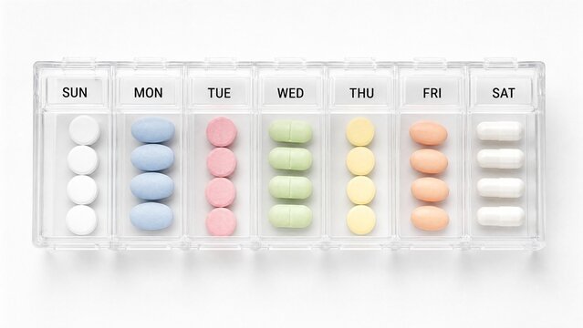 dimer. Pill organizer with tablets in sequence, clinical top view, geometric arrangement. STEM education sheets, lab safety posters, designed for biotech research communications.