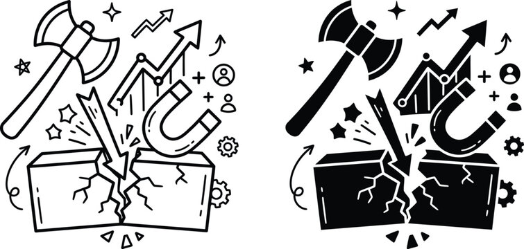 Professional business development icon set featuring a double headed axe breaking barriers alongside growth charts magnets user icons and gears for strategic marketing success.