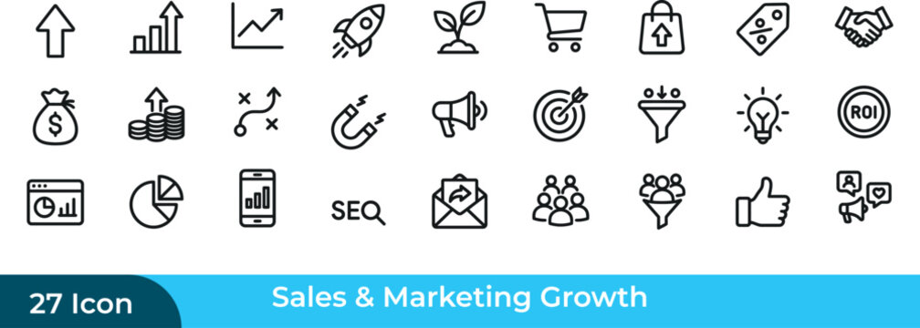 A  Sales and marketing growth 27 icon set, outline vector illustration.