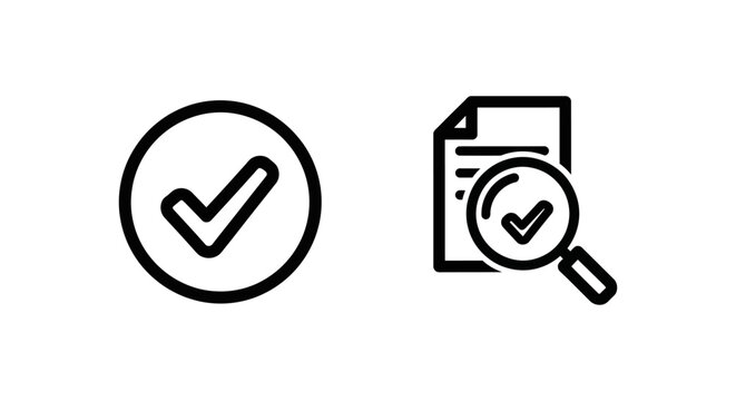 Compliance approved and verification check icons with compliance approved verification document magnifying standard certified validation pictogram isolated business regulation analysis